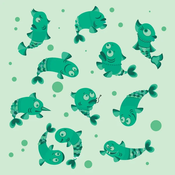 Engraçado coleção de peixes vetor ilustração de um estilo plano . —  Vetores de Stock
