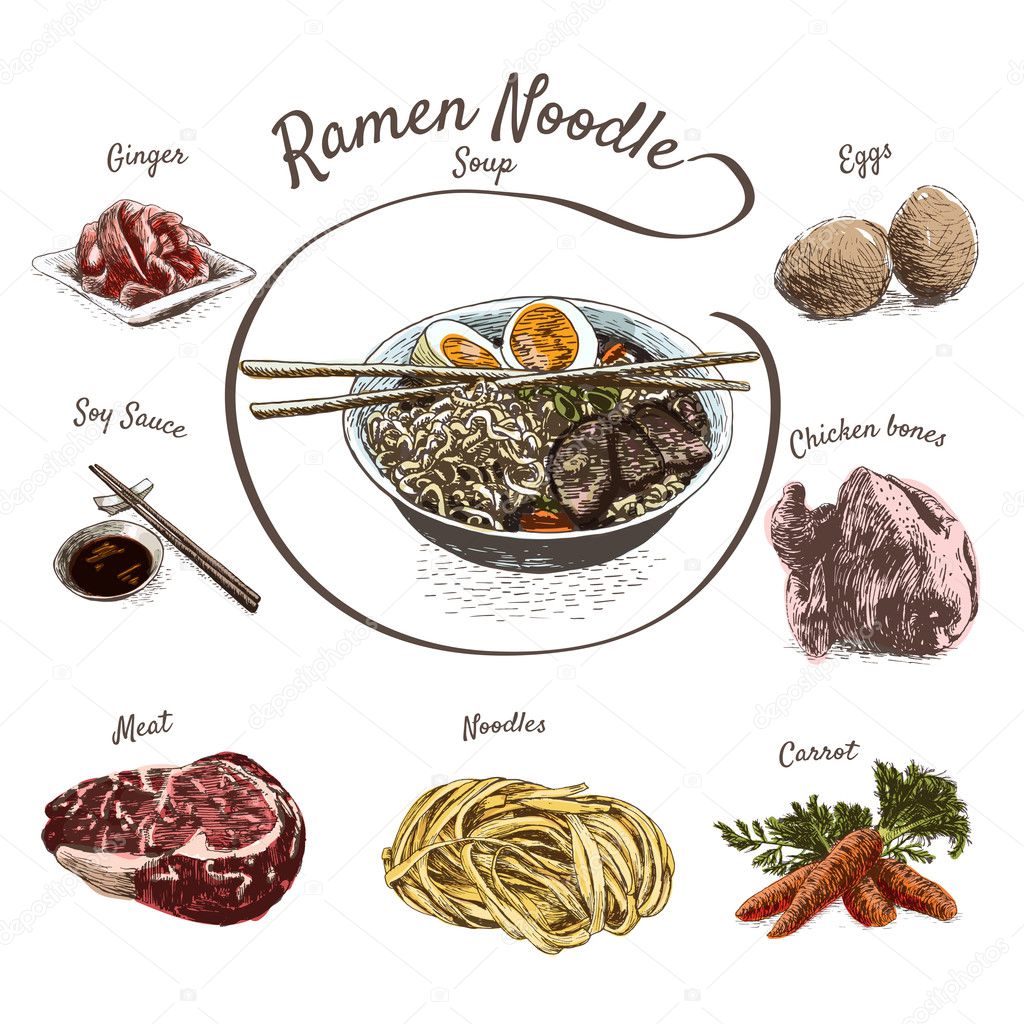 Ramen noodle soup with ingredients illustration
