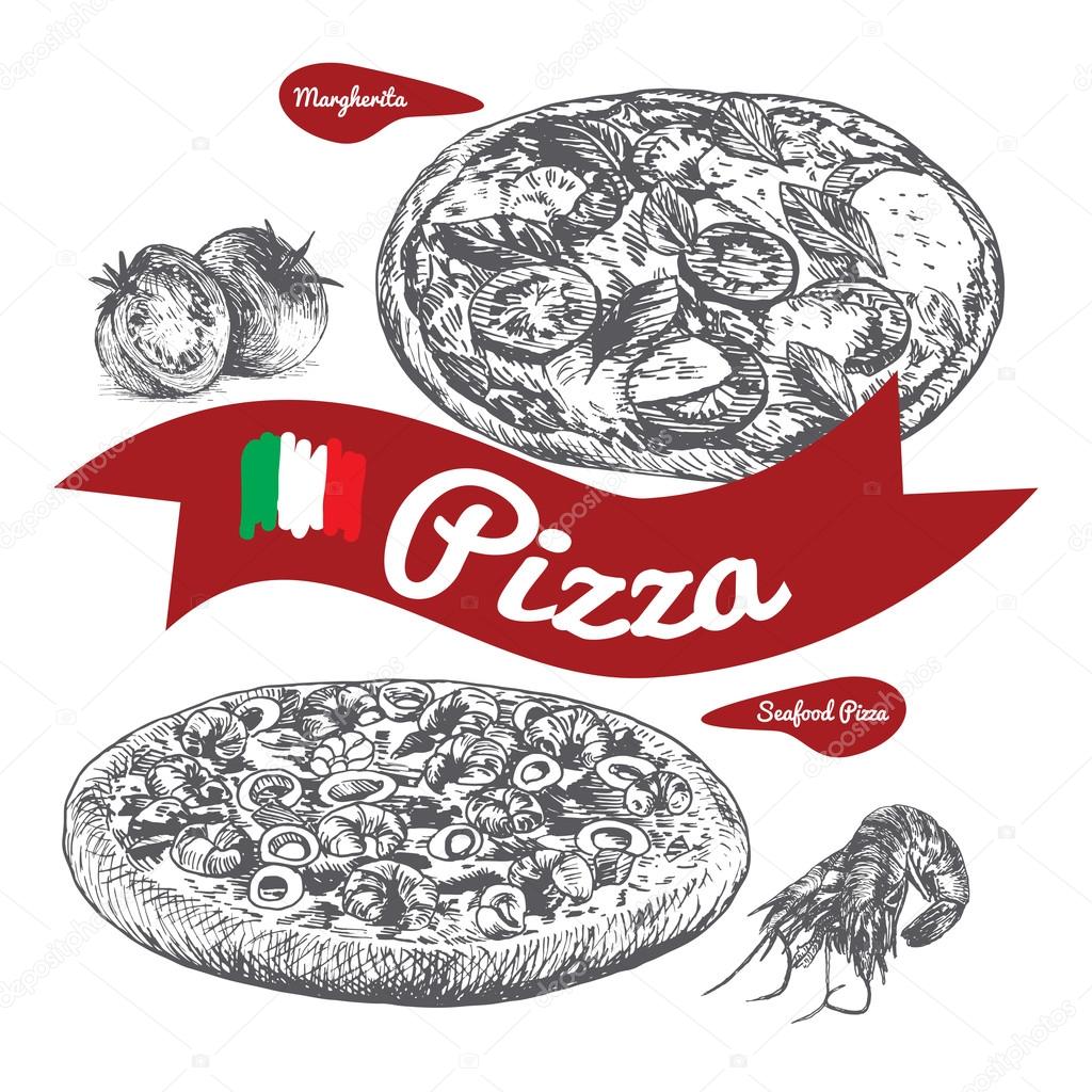 Margherita and Seafood pizzas illustration