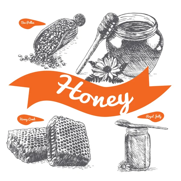 Productos de miel ilustración colorida . — Vector de stock