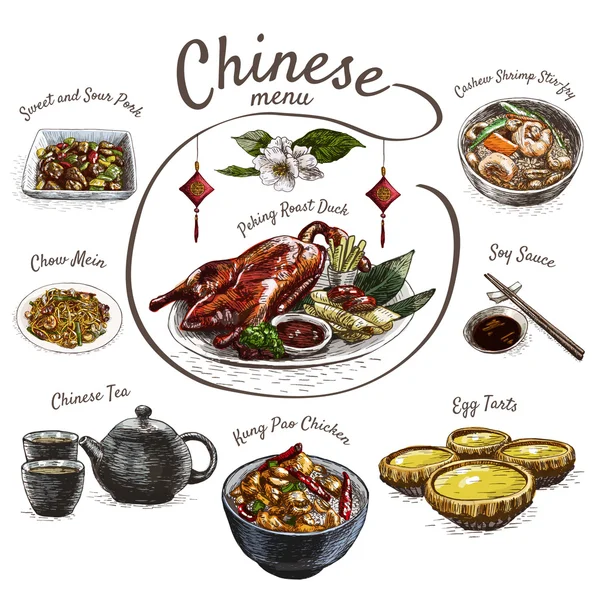 Çin yemeği renkli resimde. — Stok Vektör