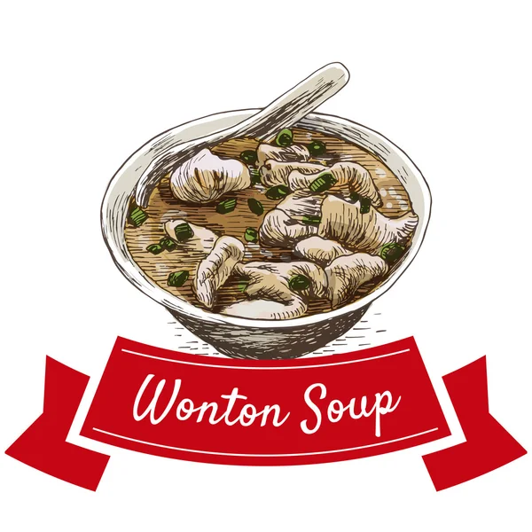 Wonton Suppe bunte Illustration. — Stockvektor