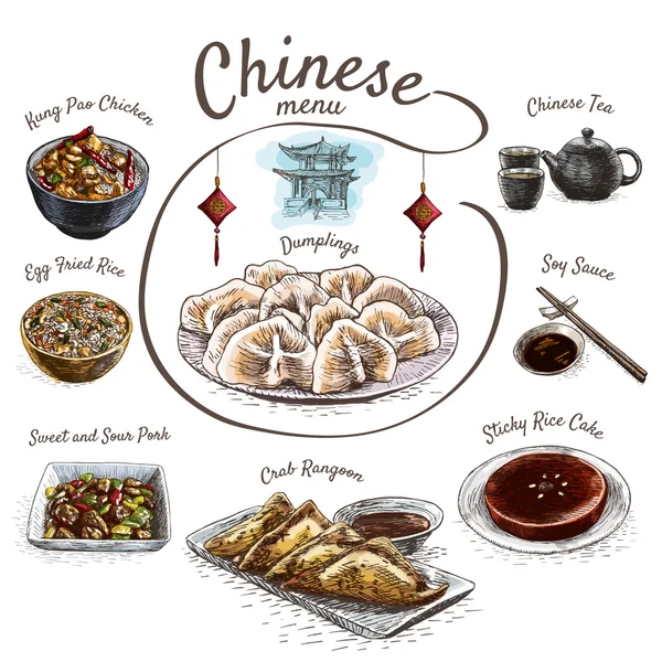 Çin yemeği renkli resimde. — Stok Vektör