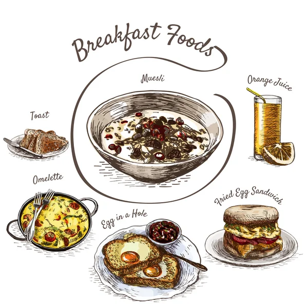 Colorida ilustración de los alimentos para el desayuno . — Archivo Imágenes Vectoriales