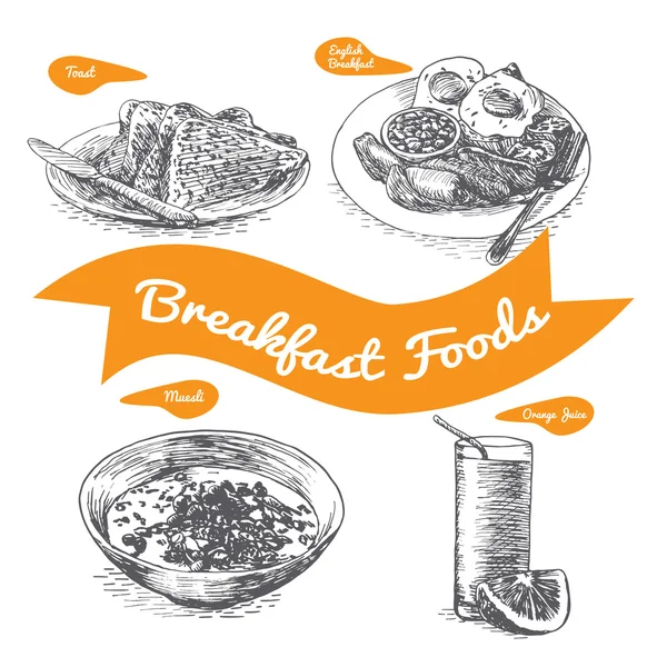 Illustration of various sorts breakfast foods. — Stock Vector