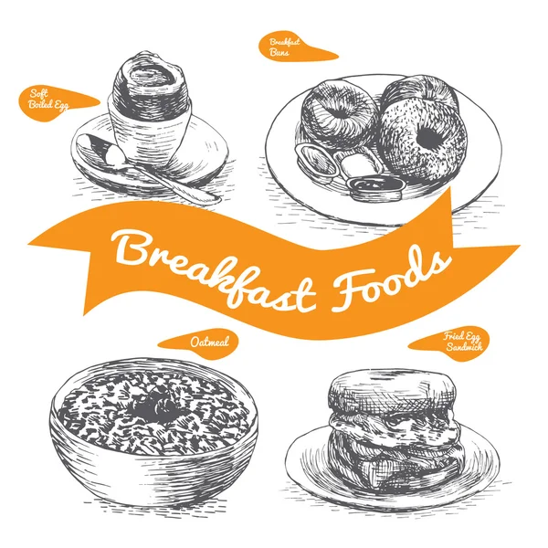 Ilustración de varios tipos de alimentos para el desayuno . — Vector de stock