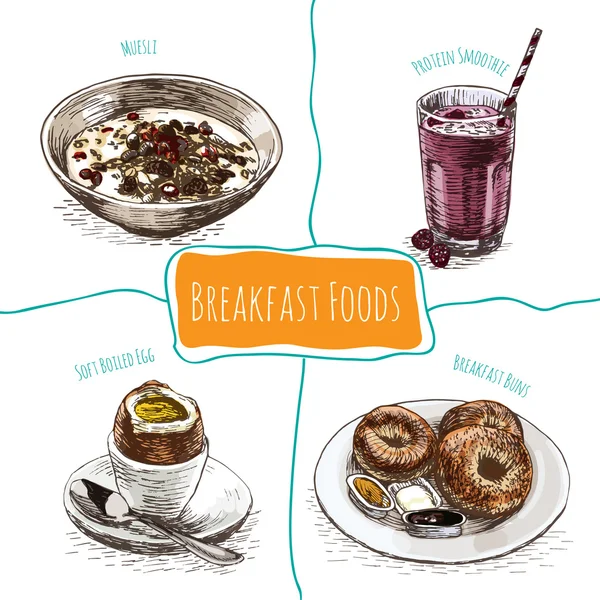 A reggeli ételek színes illusztráció. — Stock Vector