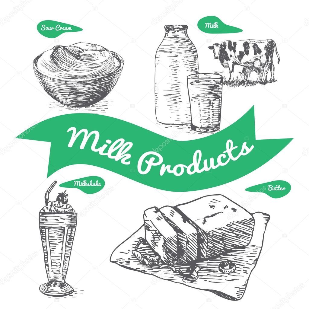 Hand-drawn Dairy products sketch set. Cheese, butter, yogurt, milk, jug,  cow. Vector illustration. Black and white vintage drawing. 20431807 Vector  Art at Vecteezy