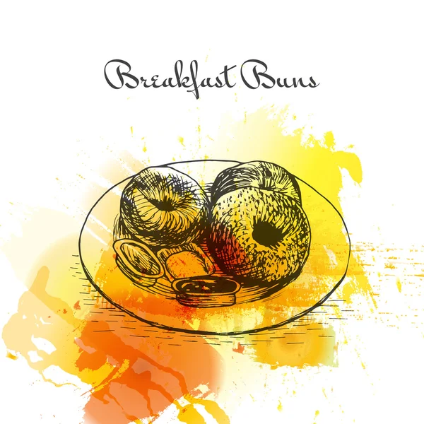Desayuno bollos colorido efecto acuarela ilustración . — Vector de stock