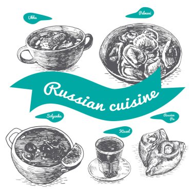 Rus yemekleri tek renkli vektör çizim.