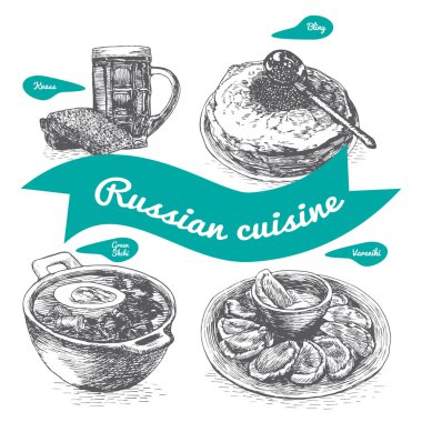 Rus yemekleri tek renkli vektör çizim.