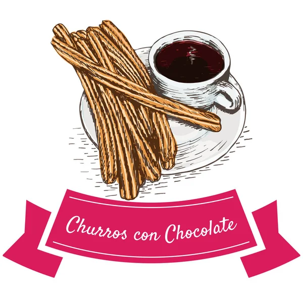 Churros con chocolate colorful illustration. — Wektor stockowy