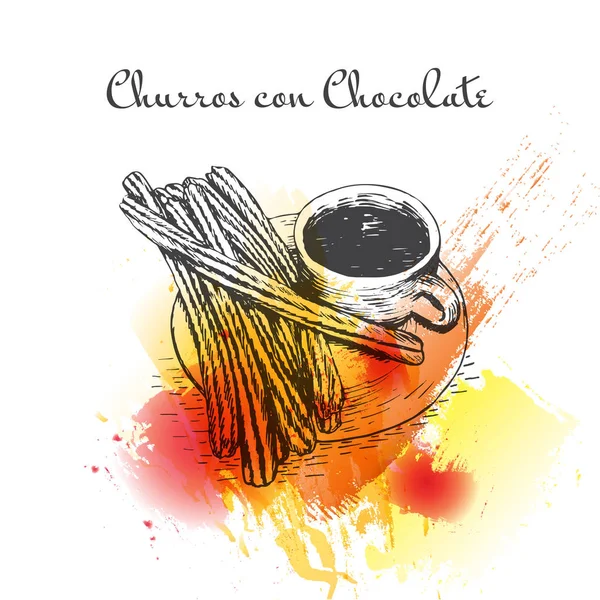 Churros con chocolate colorido efecto acuarela ilustración . — Archivo Imágenes Vectoriales