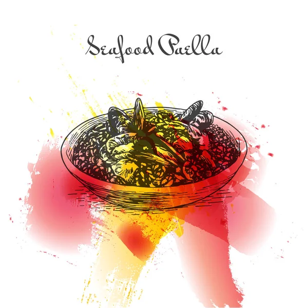 Meeresfrüchte Paella bunte Aquarell-Effekt Illustration. — Stockvektor