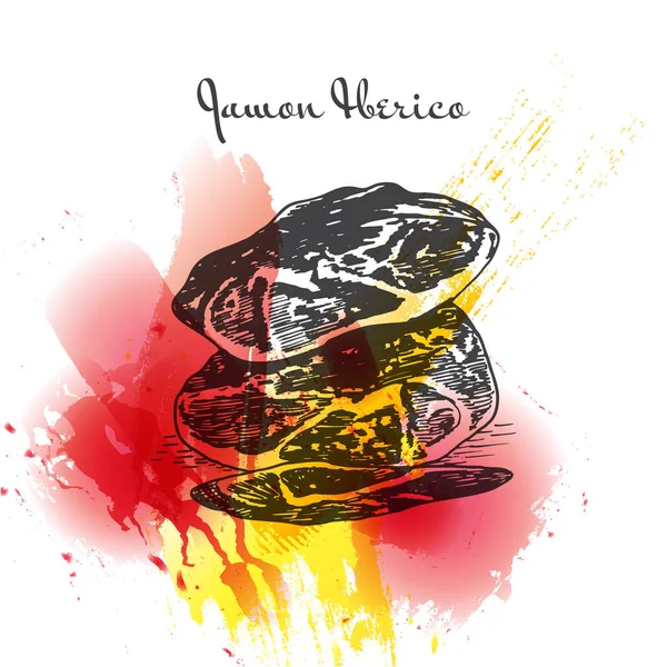 Jamon Iberico colorful watercolor effect illustration. — Stock Vector