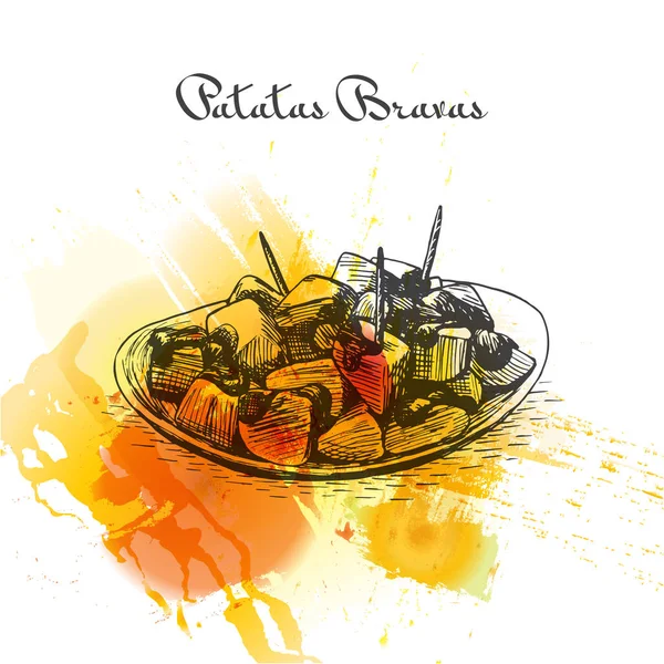 Patatas bravas färgglada vattenfärgseffekt illustration. — Stock vektor