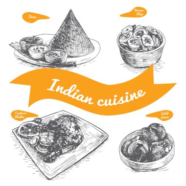 Monochrome vector illustration of Indian cuisine. clipart