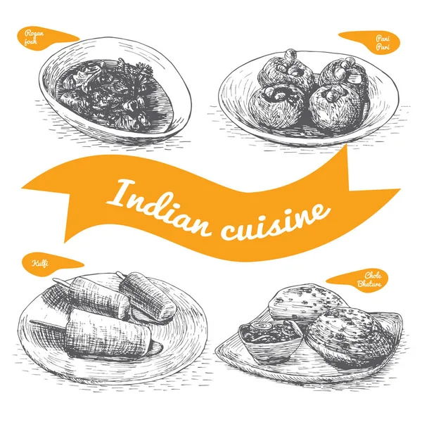 Fekete-fehér vektoros illusztráció az indiai konyha. — Stock Vector
