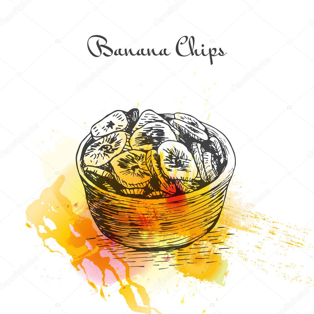 Banana Chips efecto acuarela ilustración. 2023