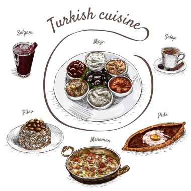 Türk mutfağı renkli vektör çizim.
