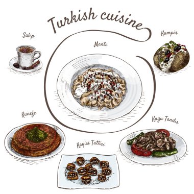 Türk mutfağı renkli vektör çizim.