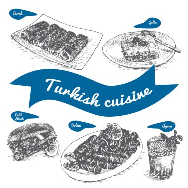 Türk mutfağı tek renkli vektör çizim.