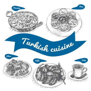 Türk mutfağı tek renkli vektör çizim.