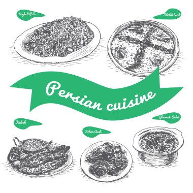 Tek renkli vektör çizim Farsça mutfağı.