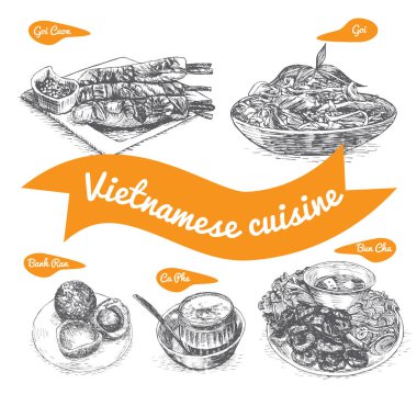 Vietnam mutfağı tek renkli vektör çizim.