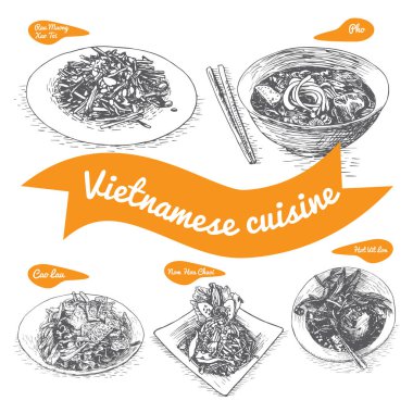 Monochrome vector illustration of Vietnamese cuisine clipart