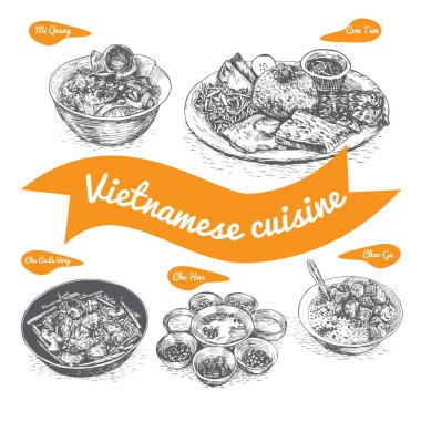 Vietnam mutfağı tek renkli vektör çizim.