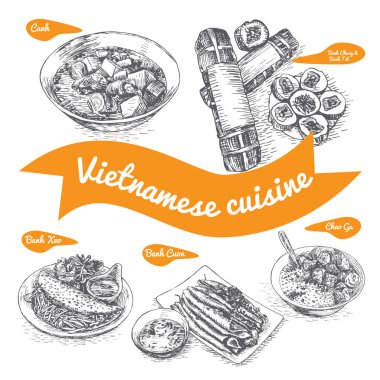 Monochrome vector illustration of Vietnamese cuisine clipart