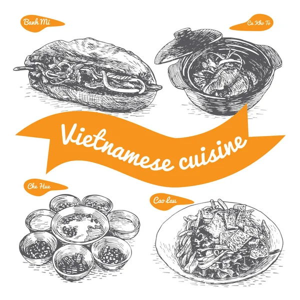 Монохромная векторная иллюстрация вьетнамской кухни — стоковый вектор