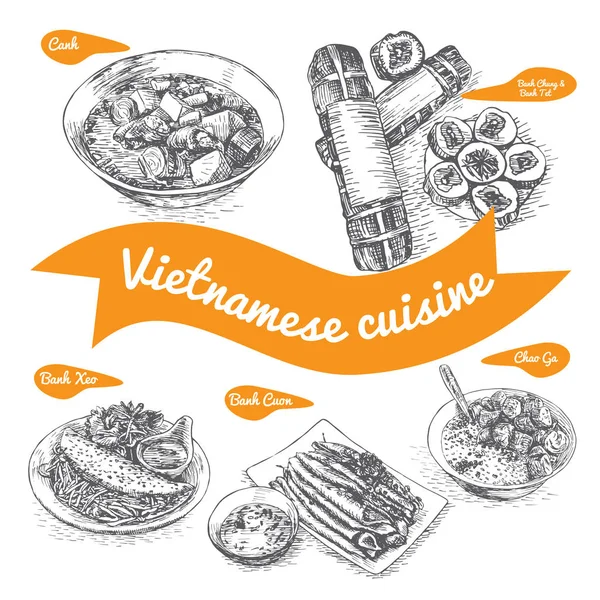 Μονόχρωμη διανυσματικά εικονογράφηση της βιετναμέζικης κουζίνας — Διανυσματικό Αρχείο