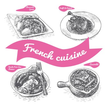 Monochrome vector illustration of French cuisine. clipart