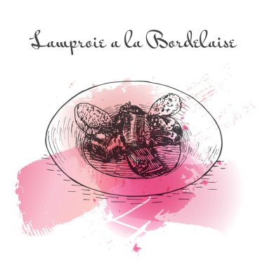 Lamproie a la Bordelaise watercolor effect illustration.