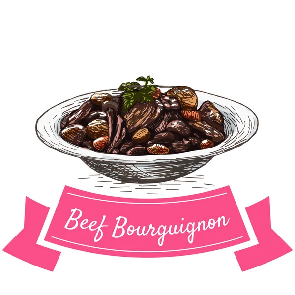 Rundvlees Bourguignon kleurrijke afbeelding. — Stockvector