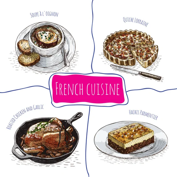 フランス料理のメニューのカラフルなイラスト. — ストックベクタ
