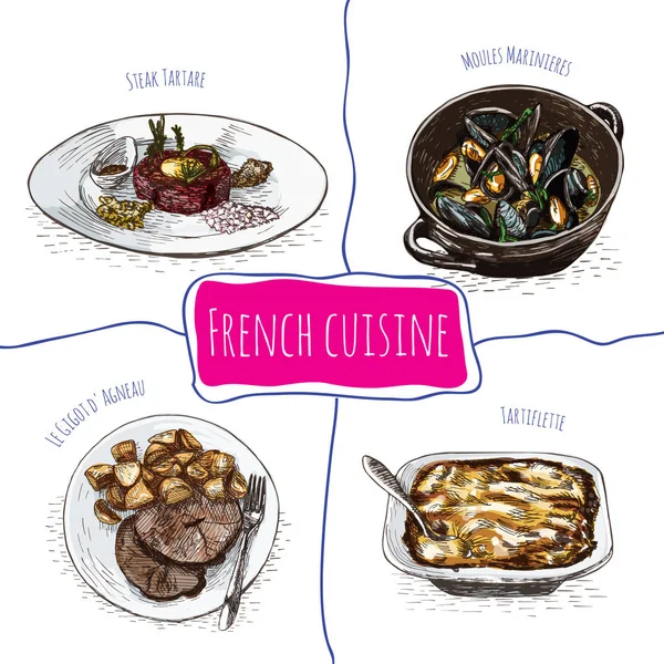 Francia menü színes illusztráció. — Stock Vector