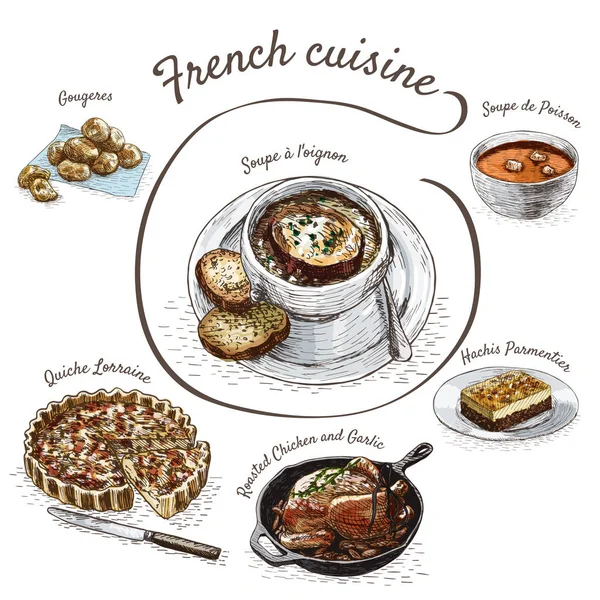 フランス料理のメニューのカラフルなイラスト. — ストックベクタ