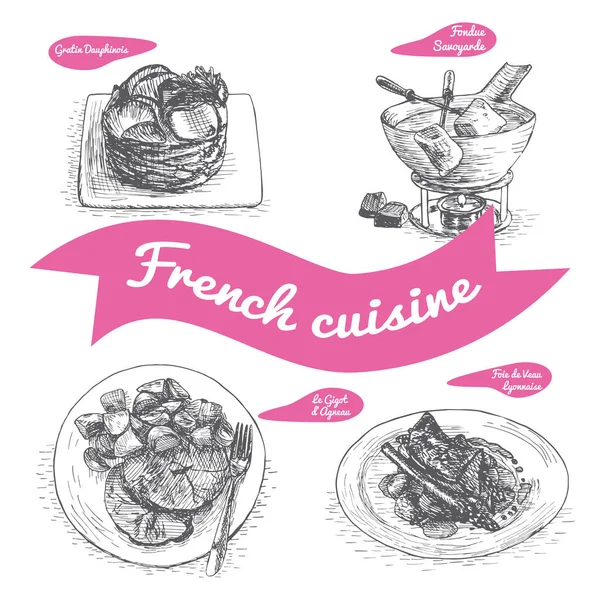 Μονόχρωμη διανυσματικά εικονογράφηση της γαλλικής κουζίνας. — Διανυσματικό Αρχείο