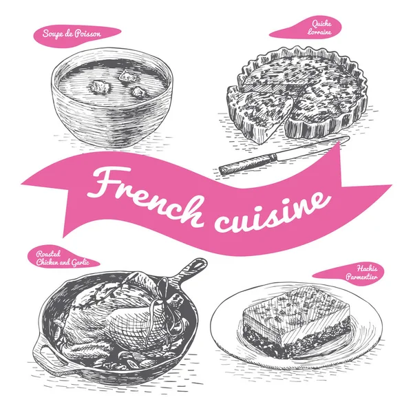 Μονόχρωμη διανυσματικά εικονογράφηση της γαλλικής κουζίνας. — Διανυσματικό Αρχείο
