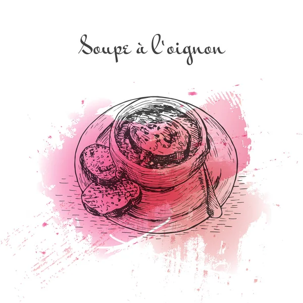 Soupe a l 'Oignon efecto acuarela ilustración . — Vector de stock