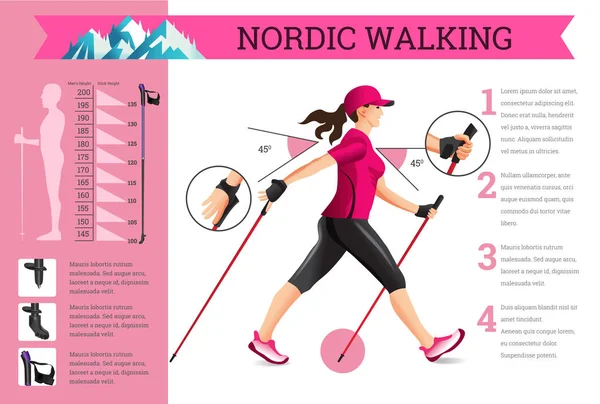 Conjunto de infográficos ilustrados vetoriais com dados de caminhada nórdica . —  Vetores de Stock