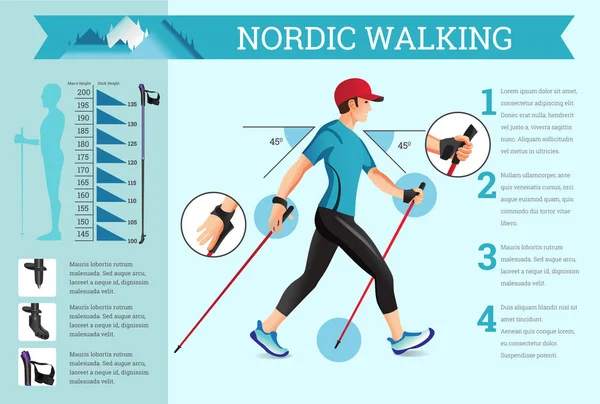 Conjunto de infográficos ilustrados vetoriais com dados de caminhada nórdica . — Vetor de Stock