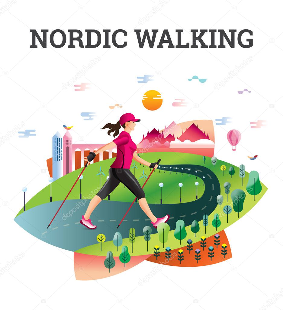 Vector illustrated card with Nordic Walking.