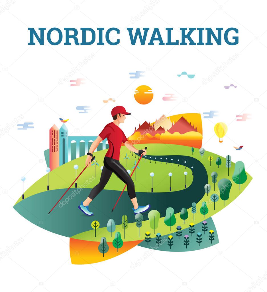 Vector illustrated card with Nordic Walking.