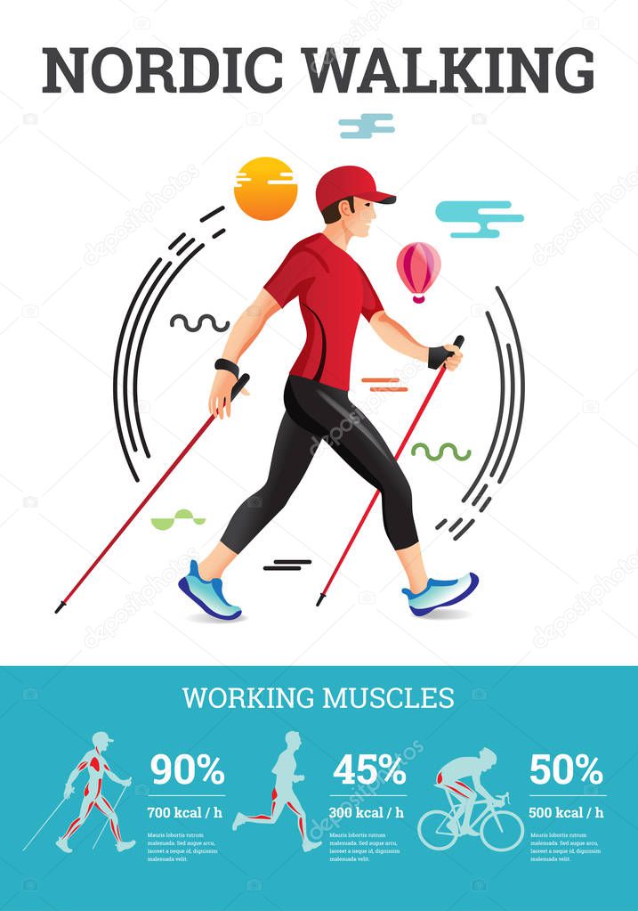 Vector illustrated infographics poster for Nordic Walking.