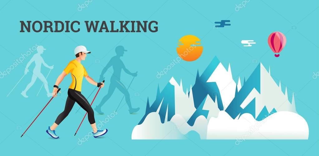 Vector illustration banner with Nordic Walking.