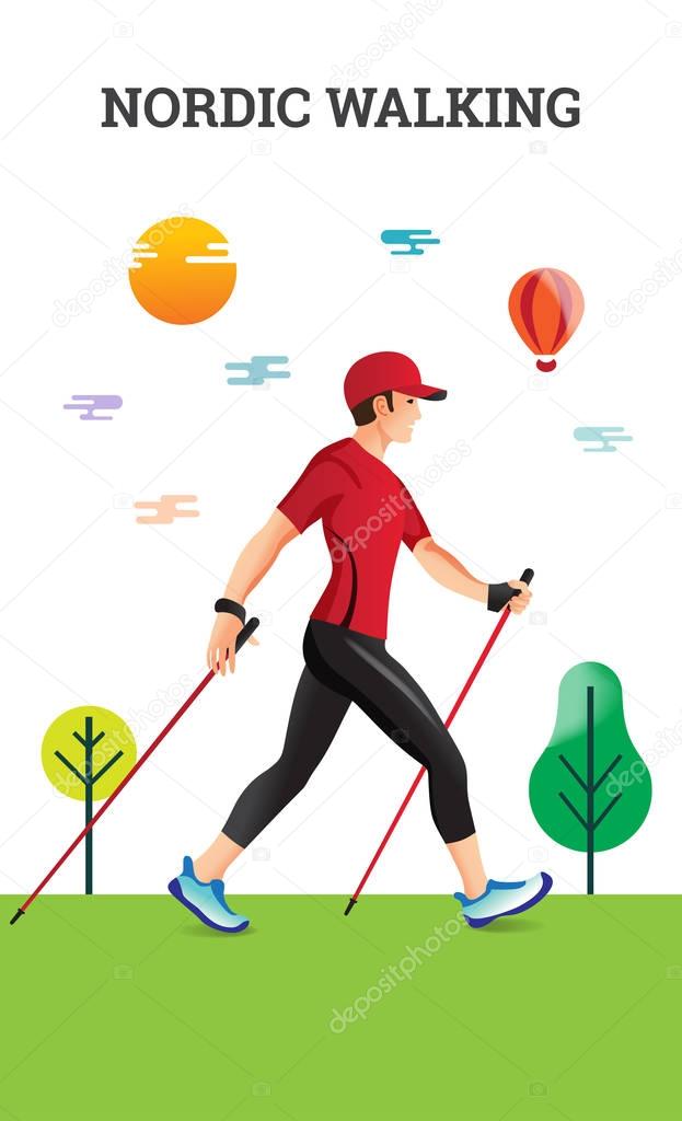 Vector illustration poster with Nordic Walking.